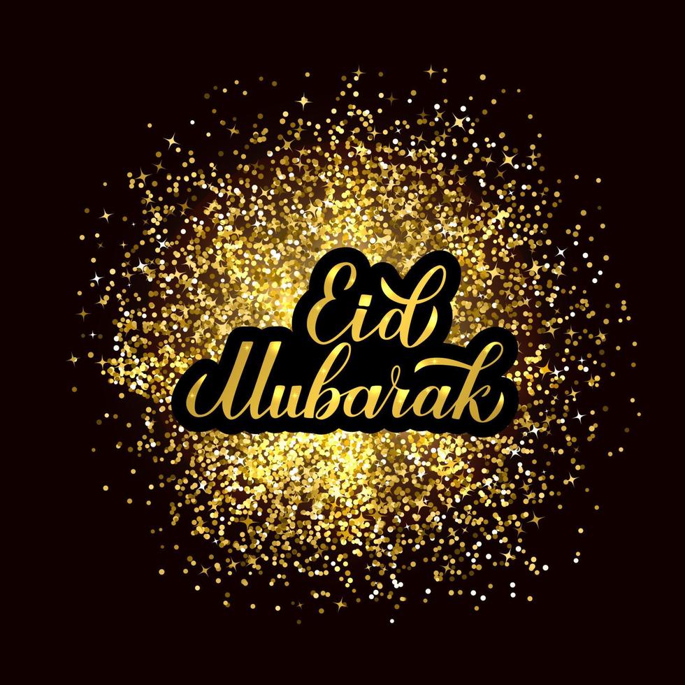 Letras de mano de caligrafía eid mubarak sobre fondo de textura de brillo dorado. ilustración vectorial tradicional islámica. plantilla fácil de editar para pancarta, tarjeta de felicitación, volante, afiche, invitación, etc. vector