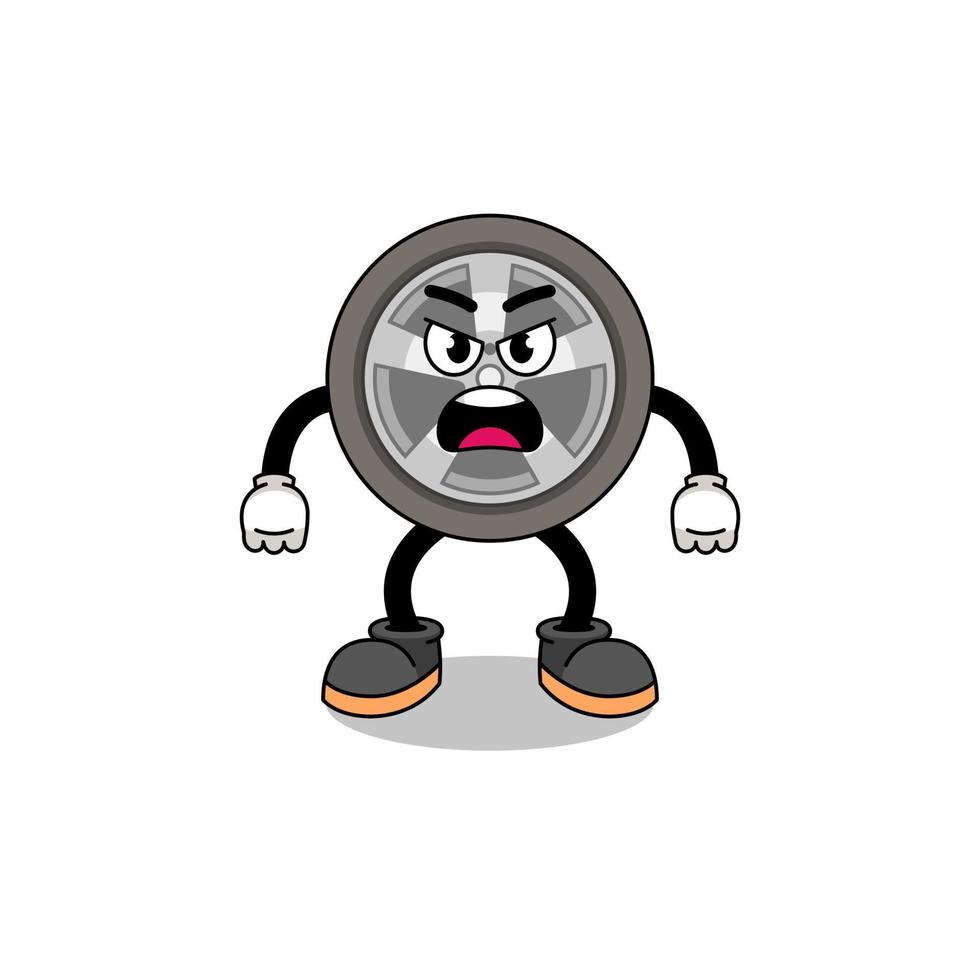 car wheel cartoon illustration with angry expression vector
