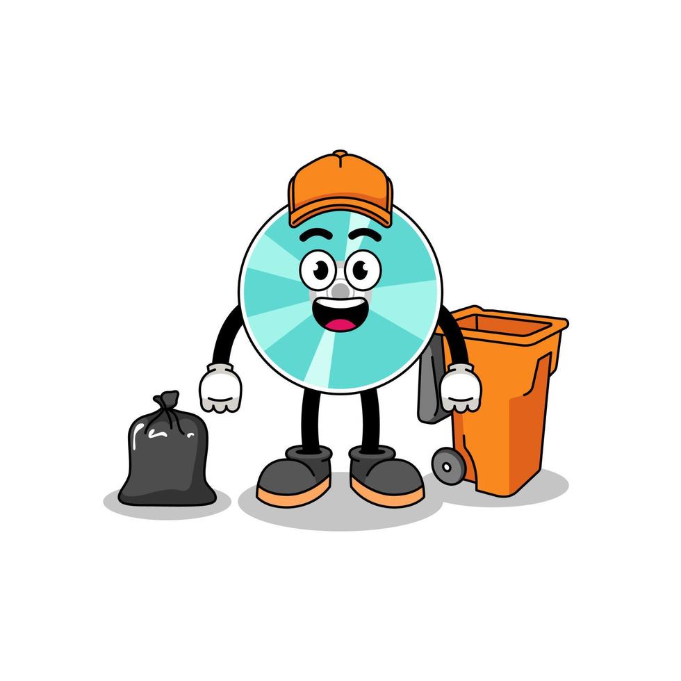 Illustration of optical disc cartoon as a garbage collector vector
