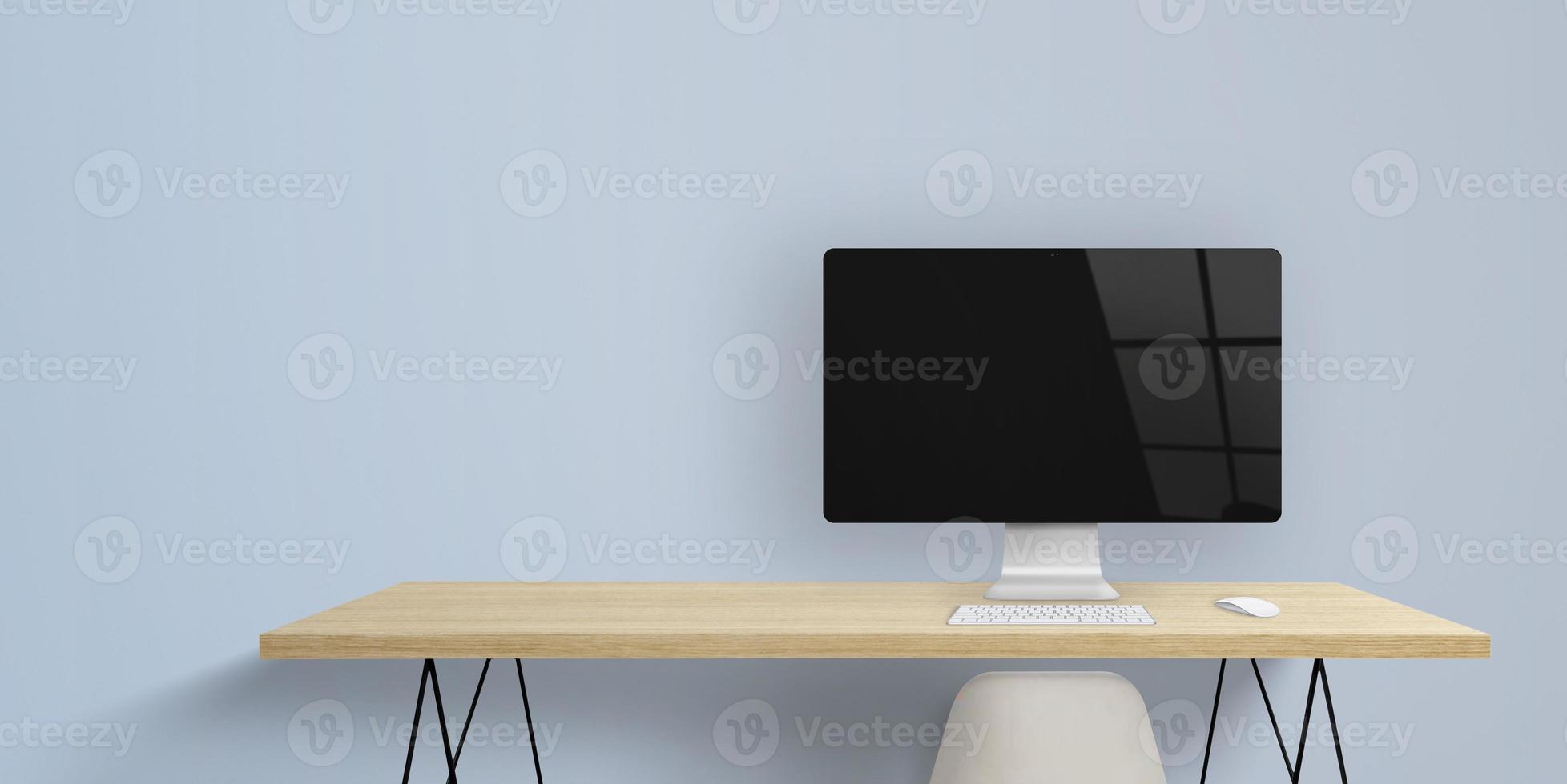 Computer display on work desk with blank screen and window reflection. Clean space for add web page presentation. Copy space beside on wall photo