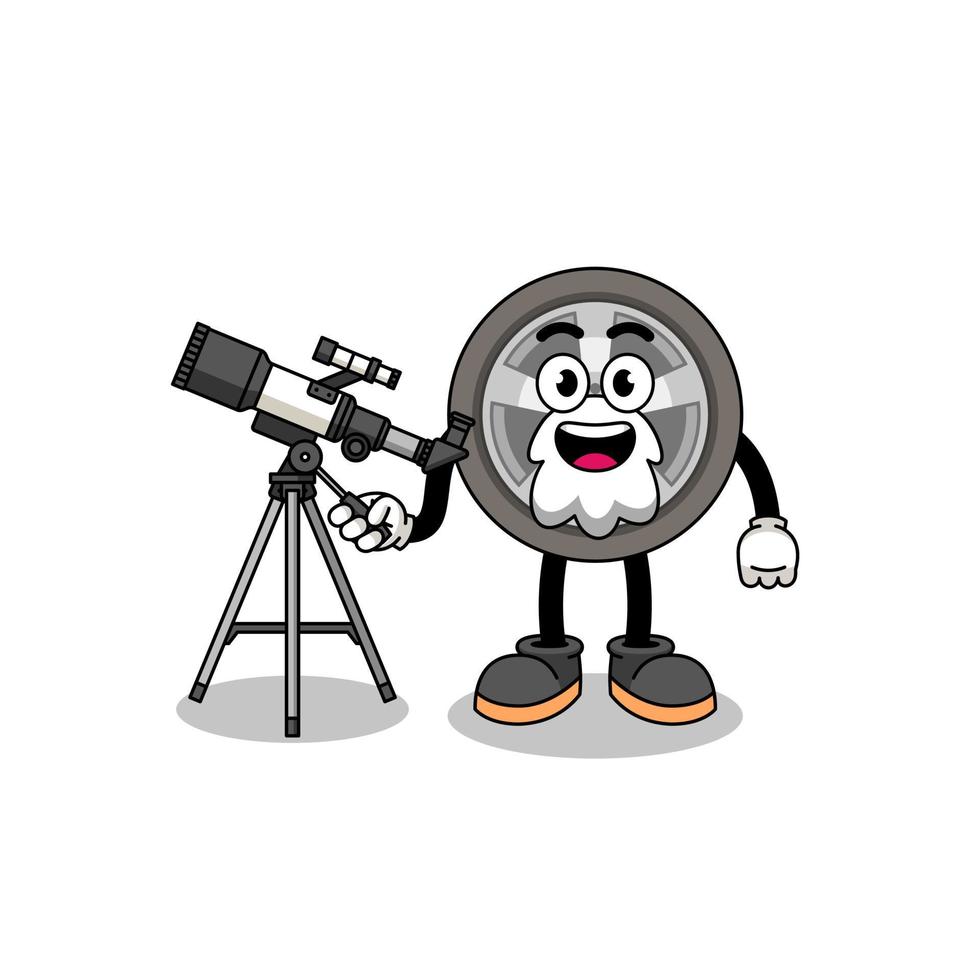 Illustration of car wheel mascot as an astronomer vector