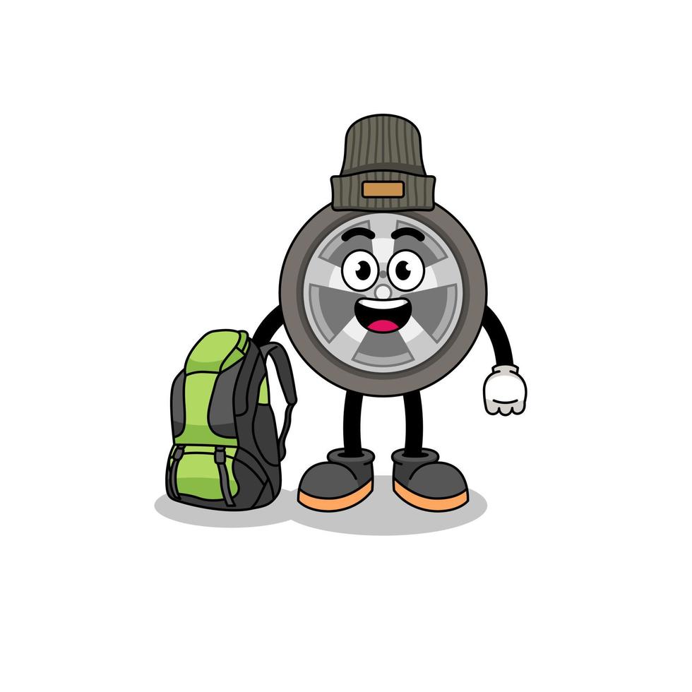 ilustración de la mascota de la rueda del coche como excursionista vector