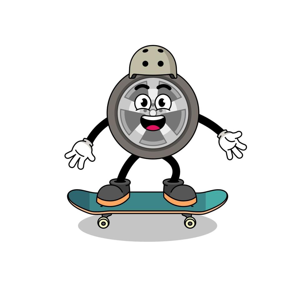 mascota de la rueda del coche jugando una patineta vector