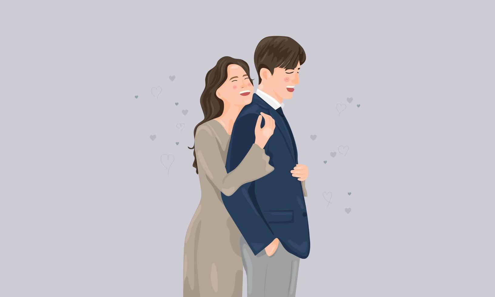 A beautiful hug for her husband because it was the day of the wedding. vector