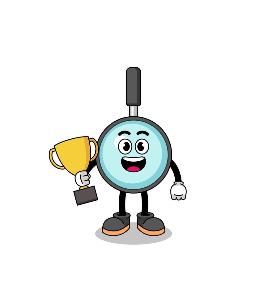 Cartoon mascot of magnifying glass holding a trophy vector