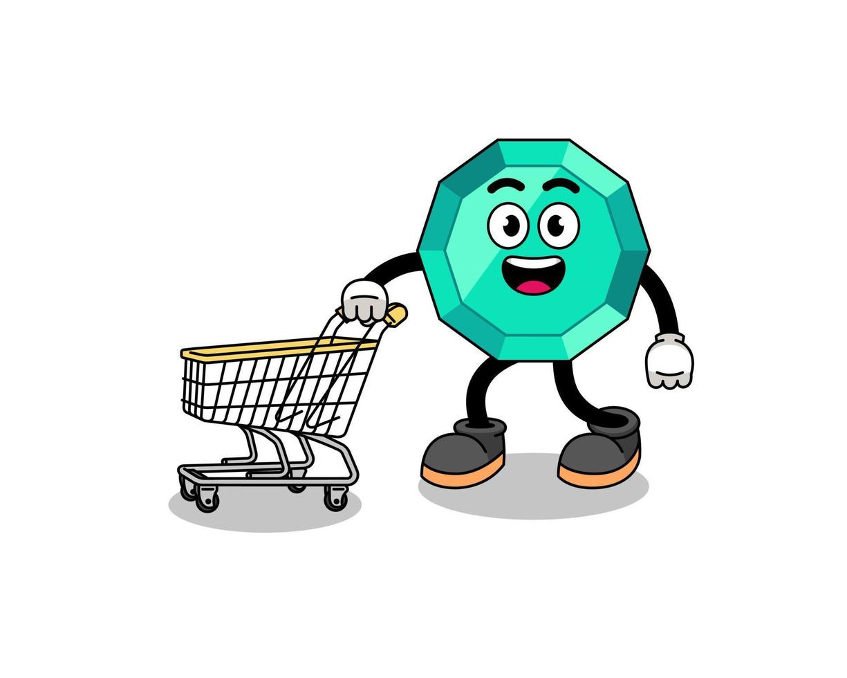 Cartoon of emerald gemstone holding a shopping trolley vector
