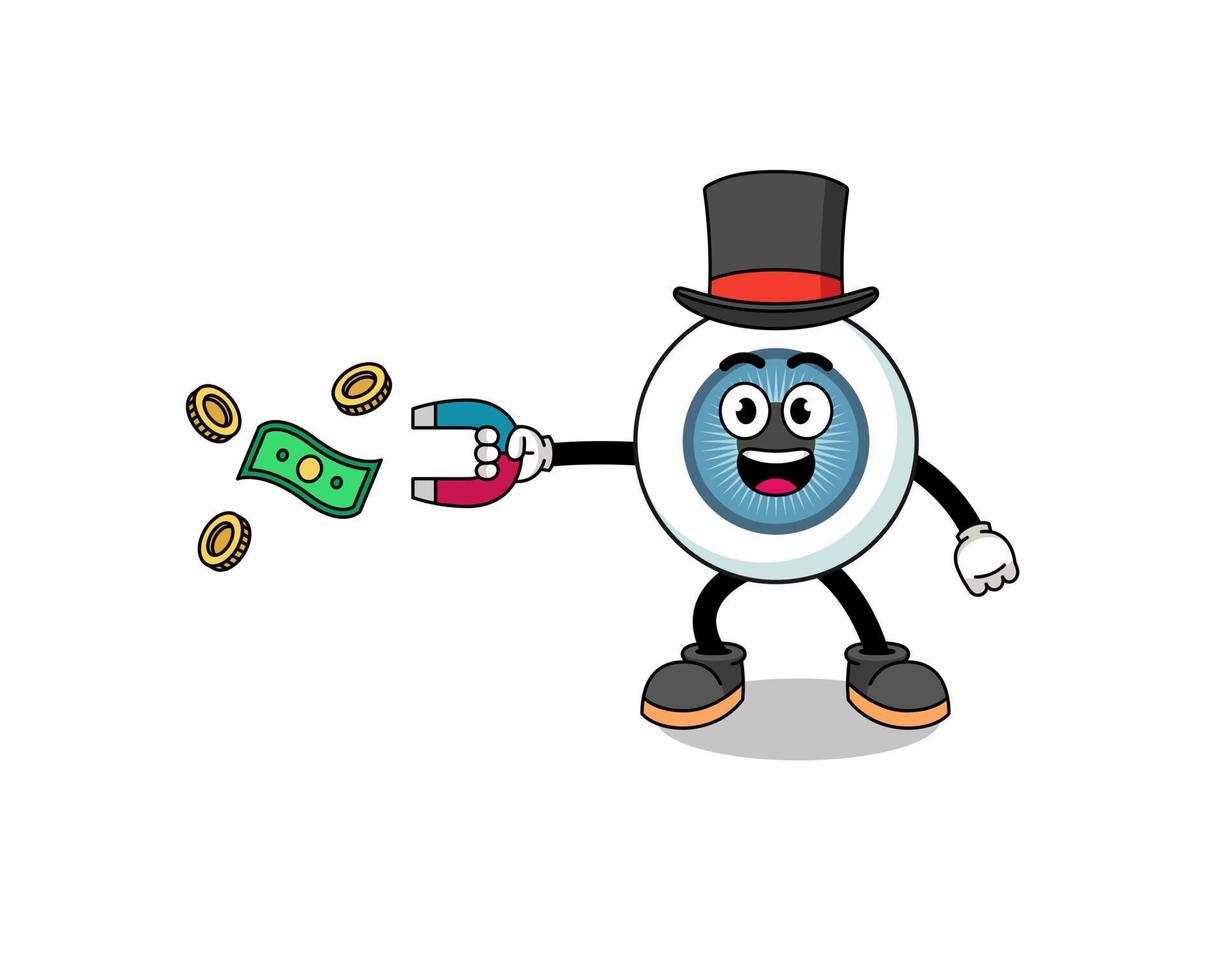 ilustración de personaje de globo ocular atrapando dinero con un imán vector