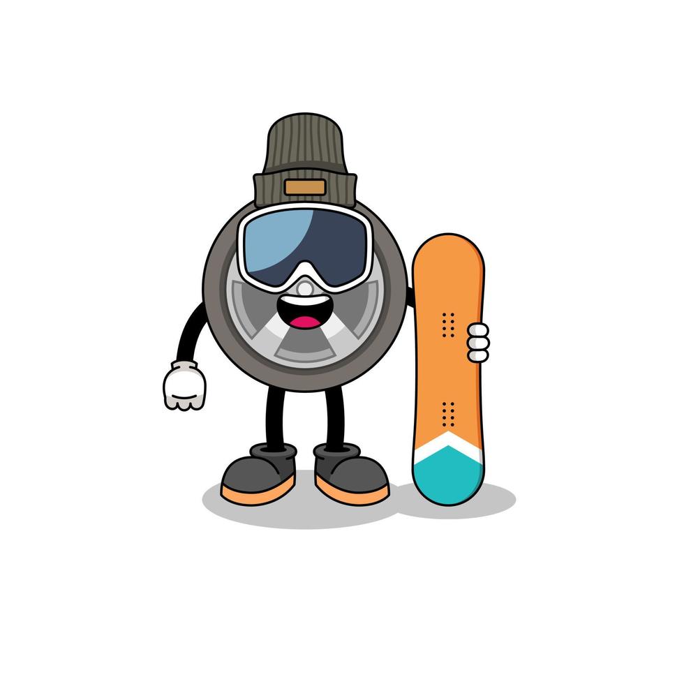 caricatura de la mascota del jugador de snowboard de la rueda del coche vector