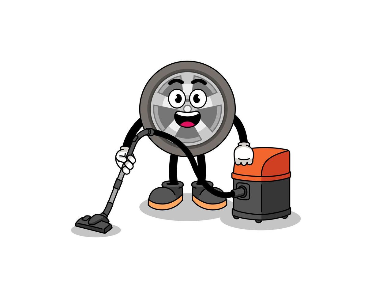 Character mascot of car wheel holding vacuum cleaner vector