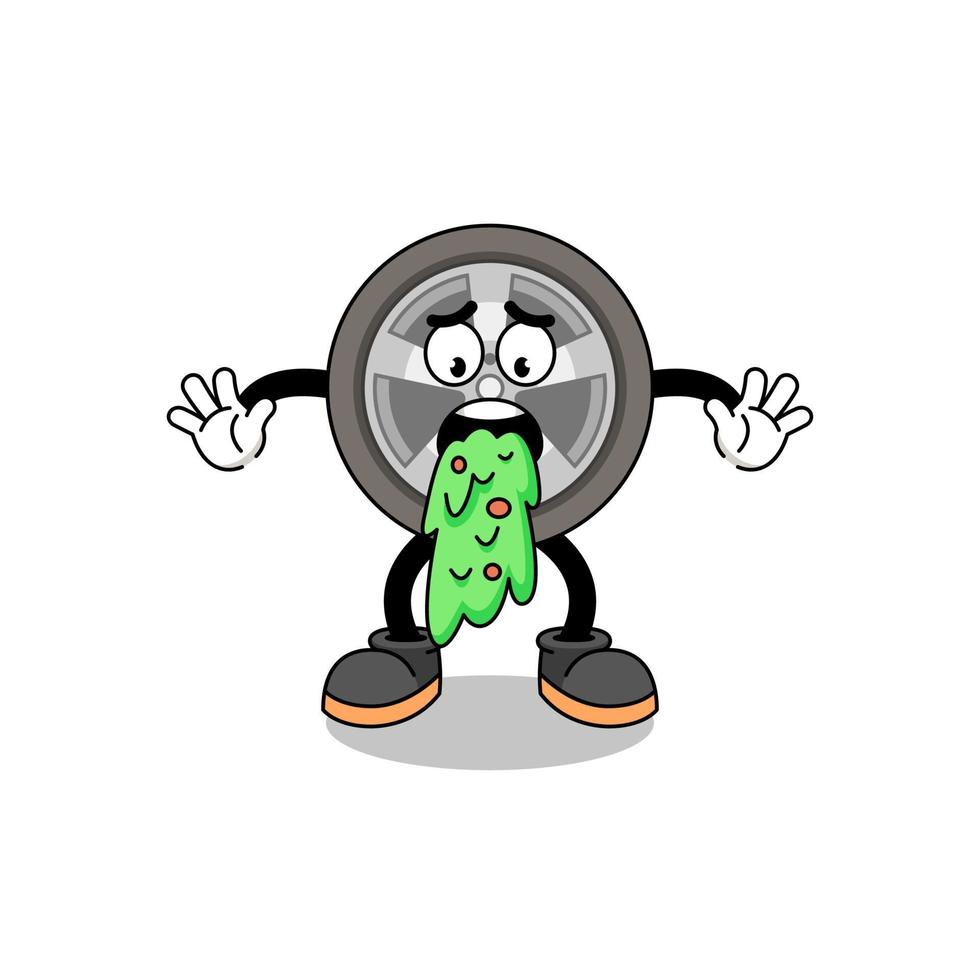 car wheel mascot cartoon vomiting vector