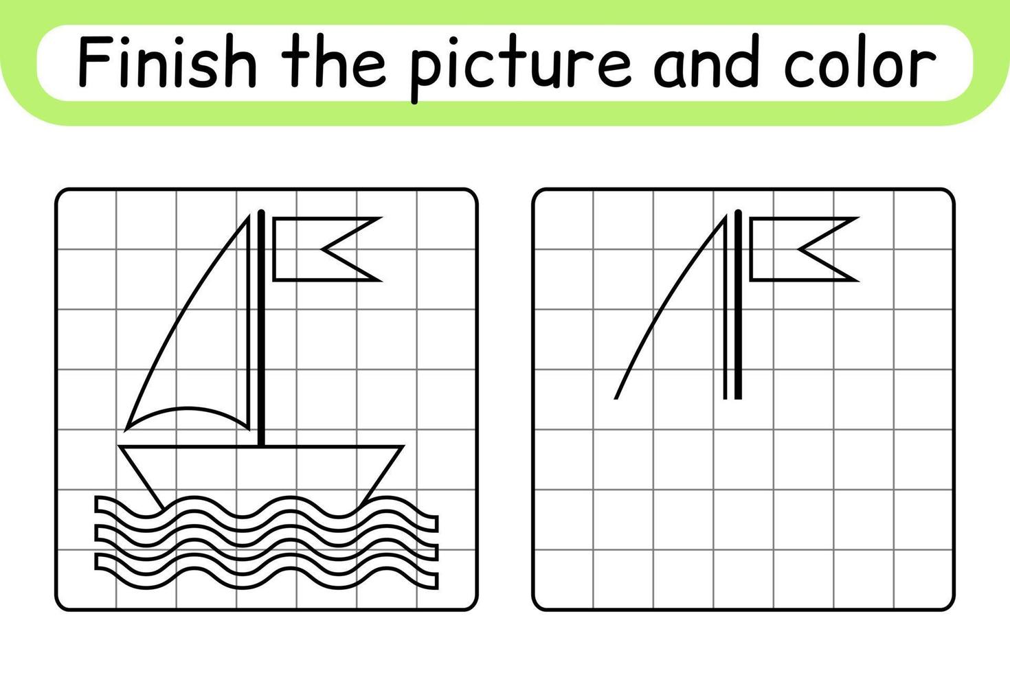 Complete the picture ship. Copy the picture and color. Finish the image. Coloring book. Educational drawing exercise game for children vector