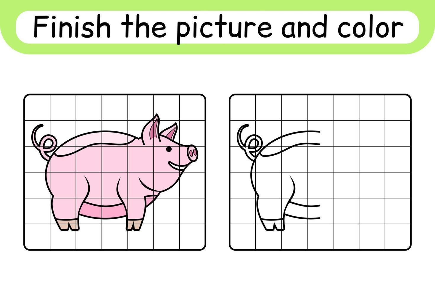 Complete the picture pig. Copy the picture and color. Finish the image. Coloring book. Educational drawing exercise game for children vector