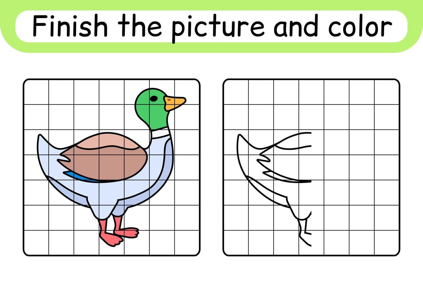 Complete the picture duck. Copy the picture and color. Finish the image. Coloring book. Educational drawing exercise game for children vector