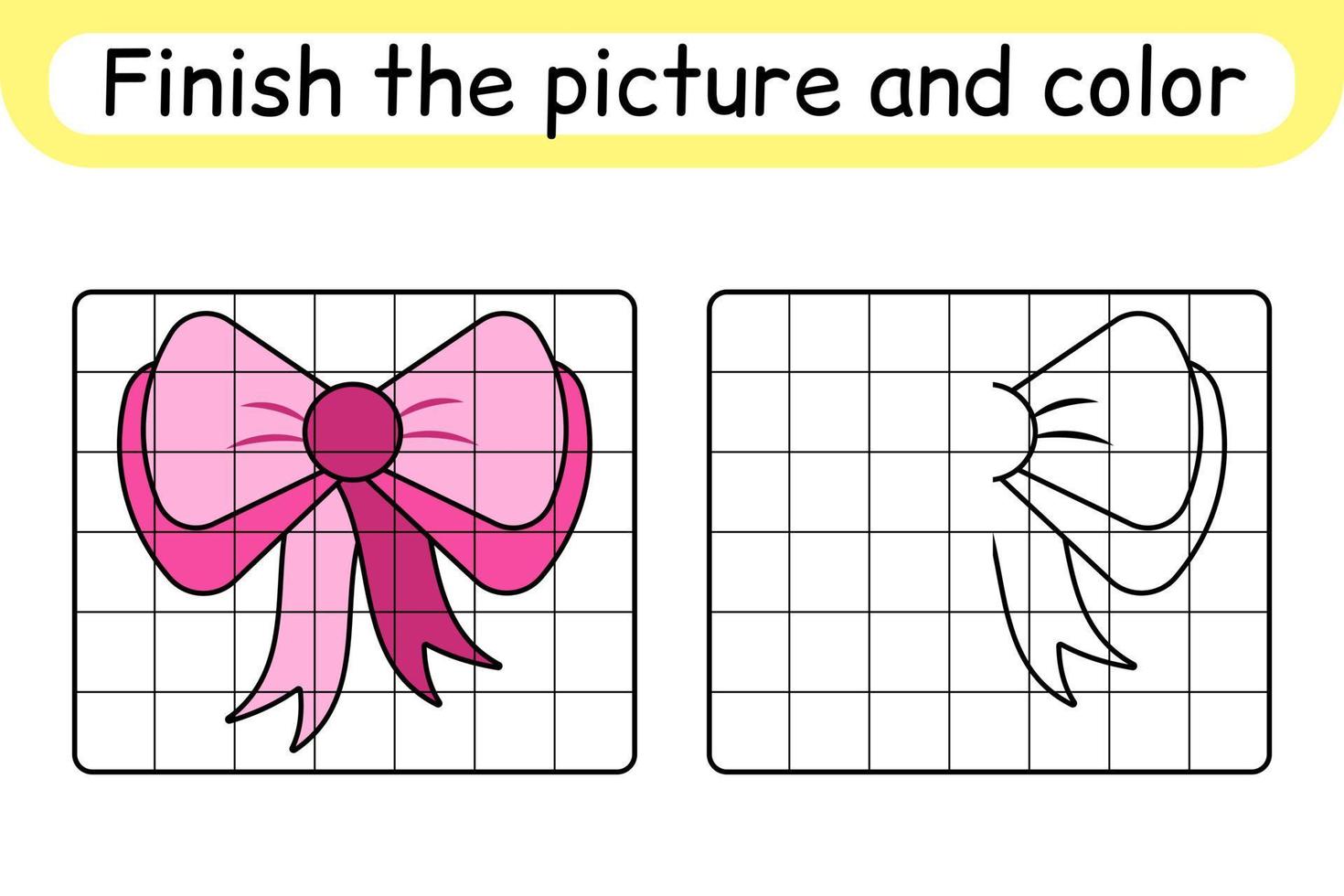 Complete the picture bow. Copy the picture and color. Finish the image. Coloring book. Educational drawing exercise game for children vector