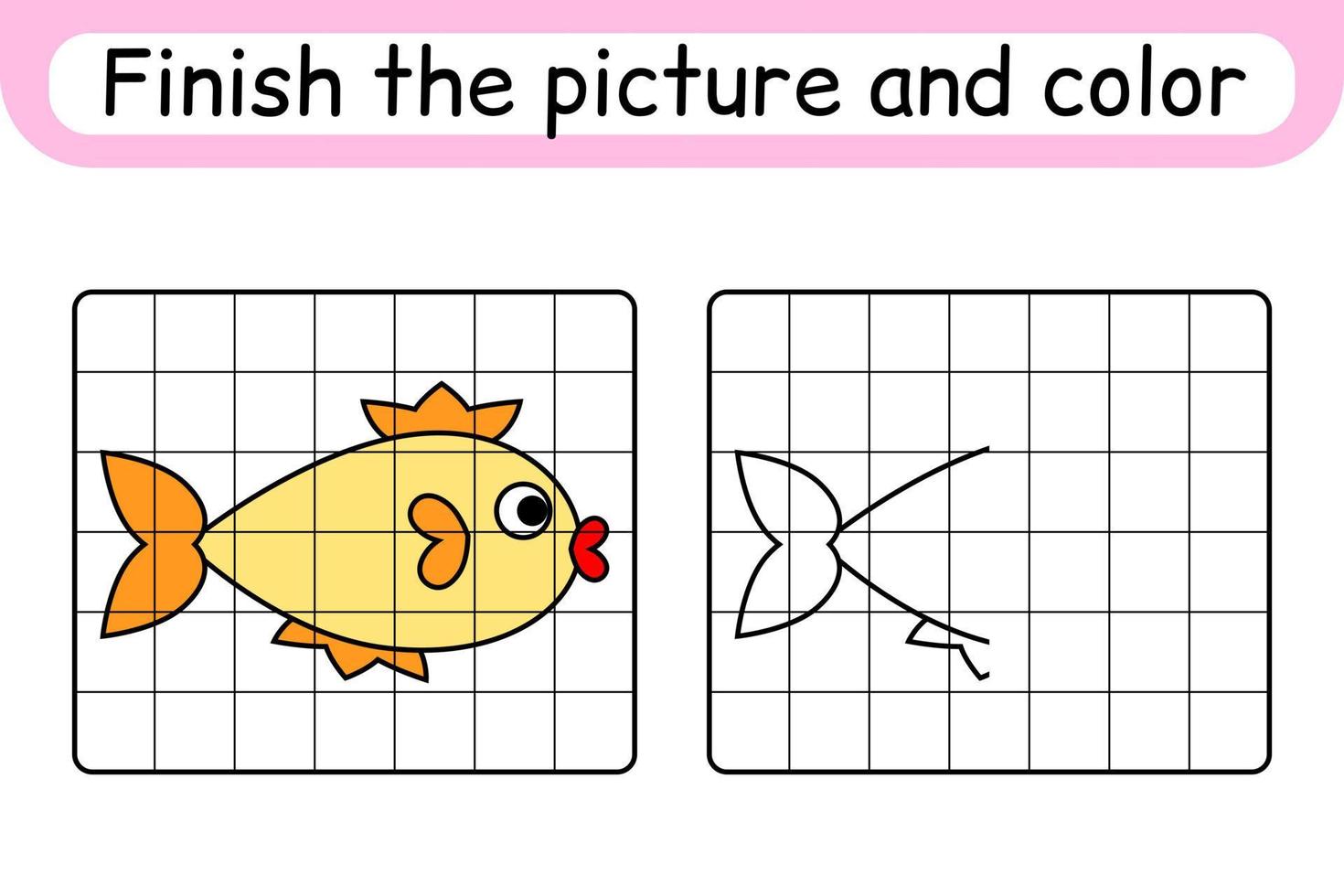 Complete the picture fish. Copy the picture and color. Finish the image. Coloring book. Educational drawing exercise game for children vector