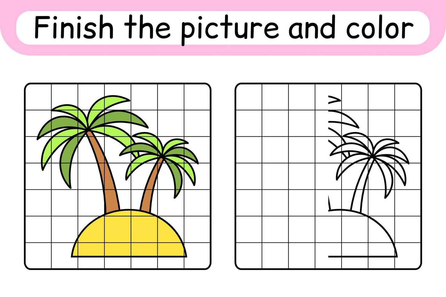 Complete the picture palm. Copy the picture and color. Finish the image. Coloring book. Educational drawing exercise game for children vector