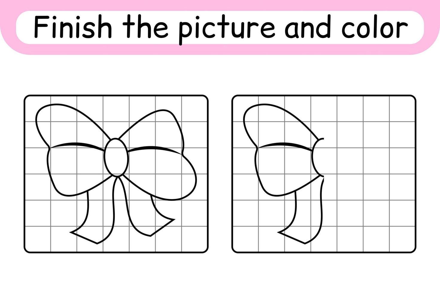 Complete the picture bow. Copy the picture and color. Finish the image. Coloring book. Educational drawing exercise game for children vector