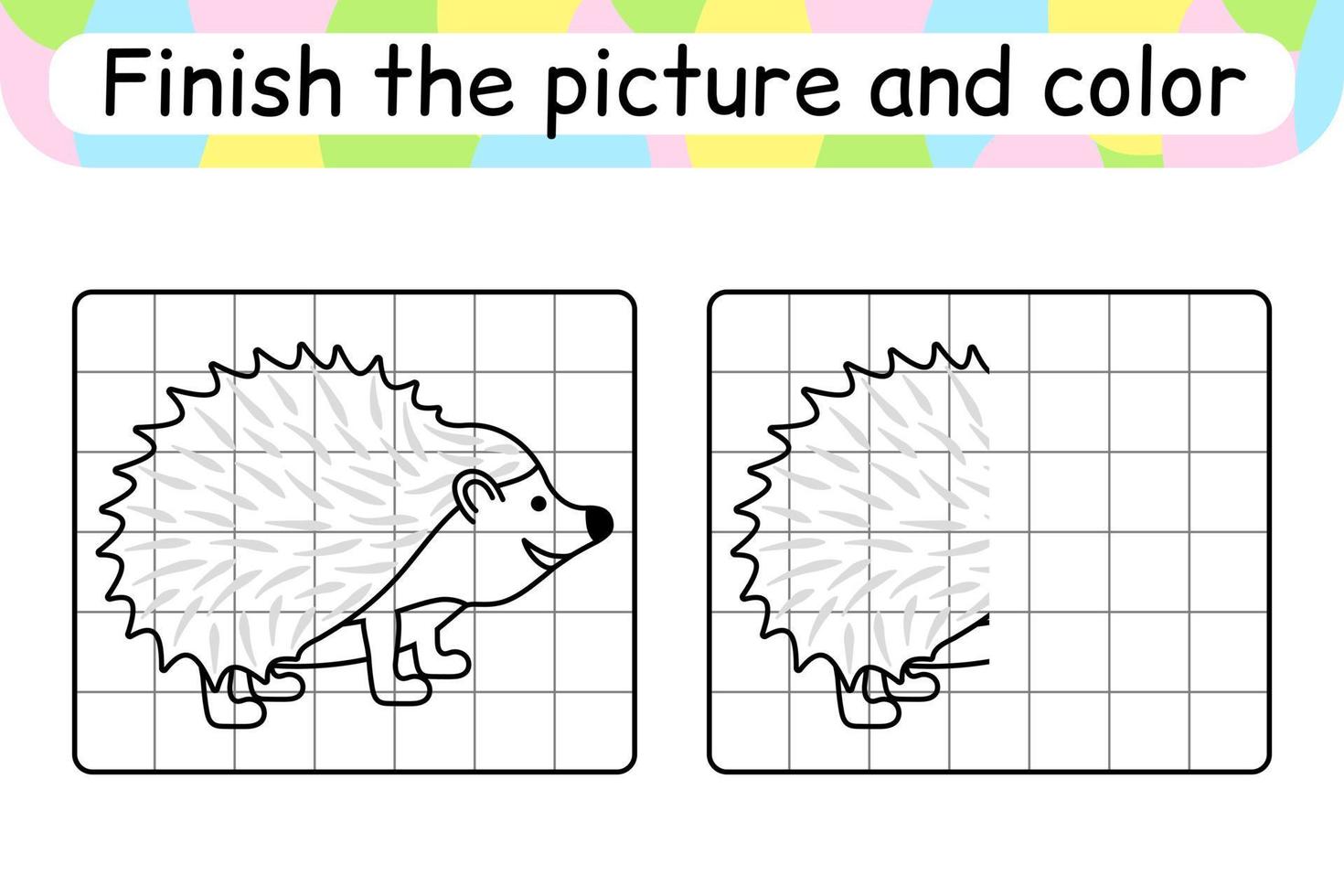 Complete the picture hedgehog. Copy the picture and color. Finish the image. Coloring book. Educational drawing exercise game for children vector