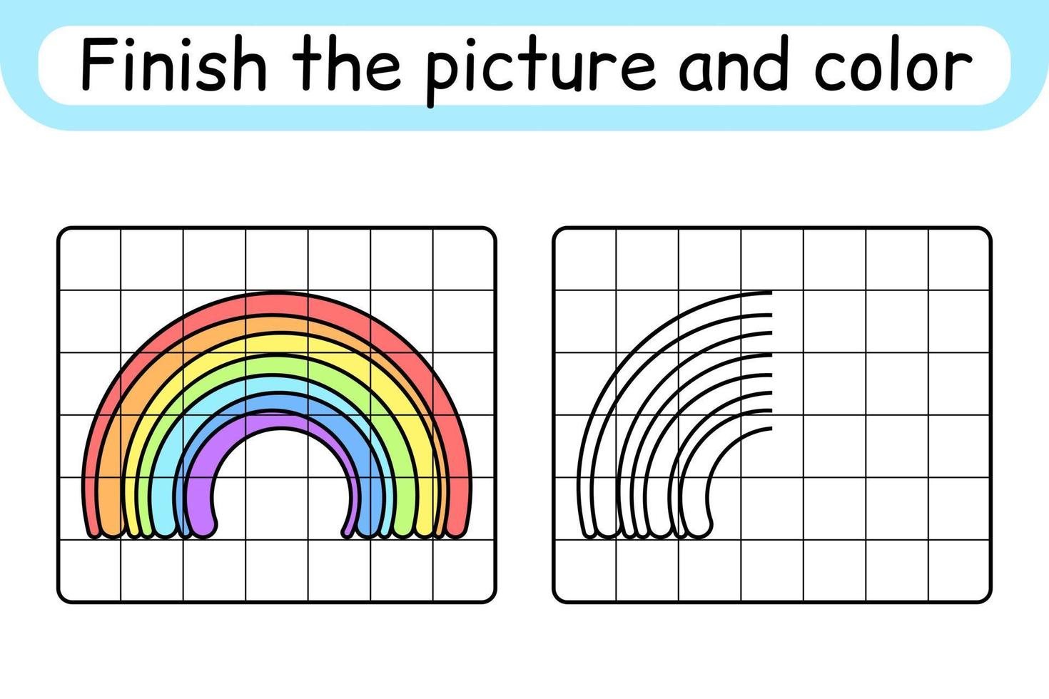 Completa la imagen del arcoíris. copiar la imagen y el color. terminar la imagen. libro de colorear. juego educativo de ejercicios de dibujo para niños vector