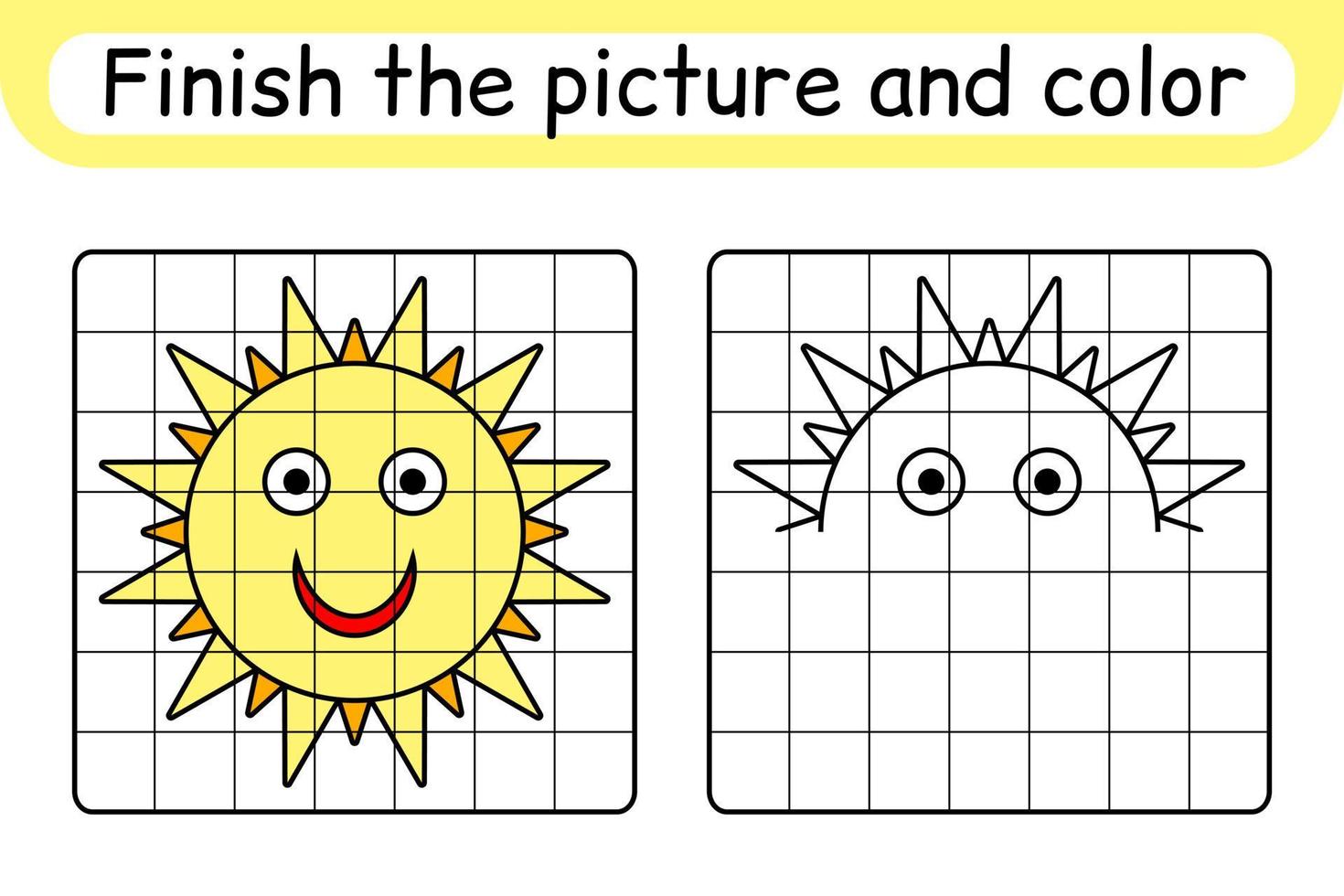 Complete the picture sun. Copy the picture and color. Finish the image. Coloring book. Educational drawing exercise game for children vector