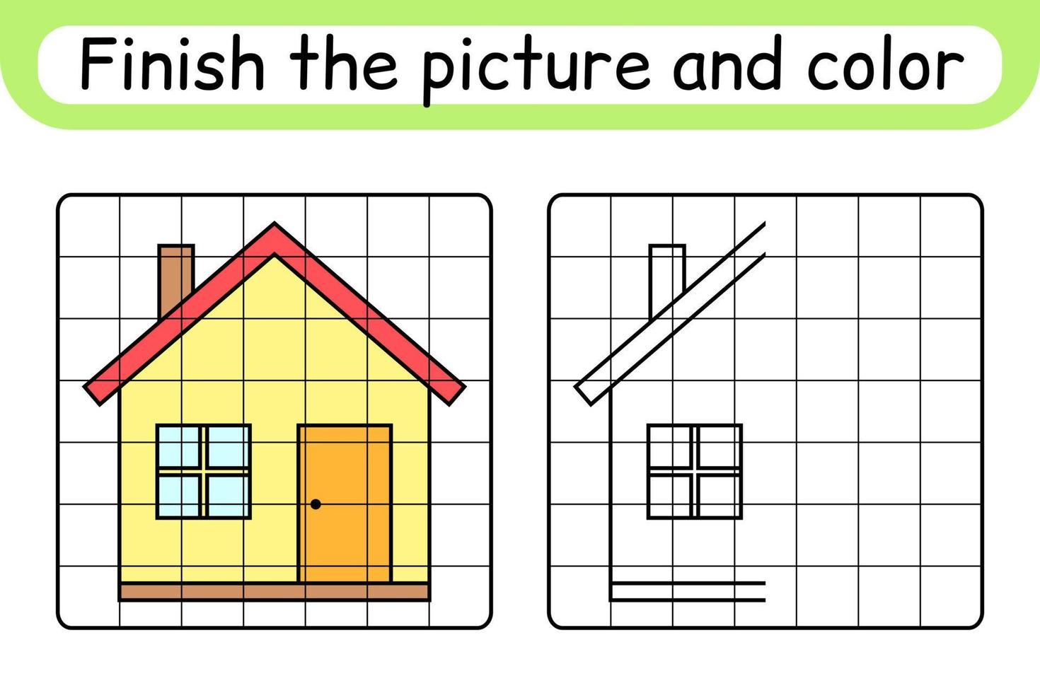 Complete the picture home. Copy the picture and color. Finish the image. Coloring book. Educational drawing exercise game for children vector