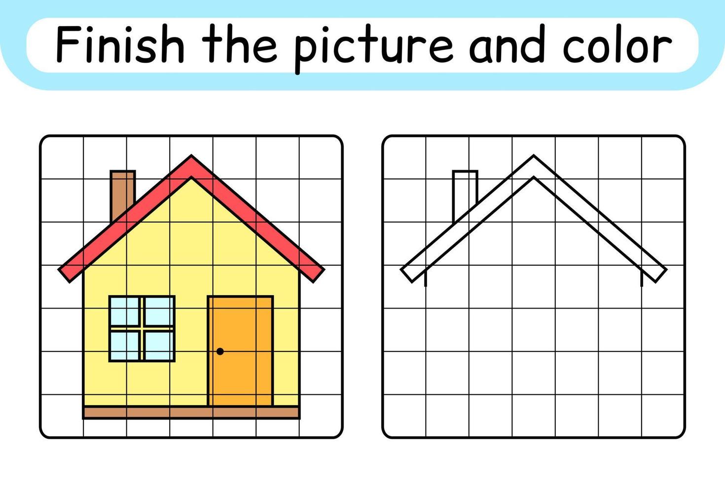 Complete the picture home. Copy the picture and color. Finish the image. Coloring book. Educational drawing exercise game for children vector