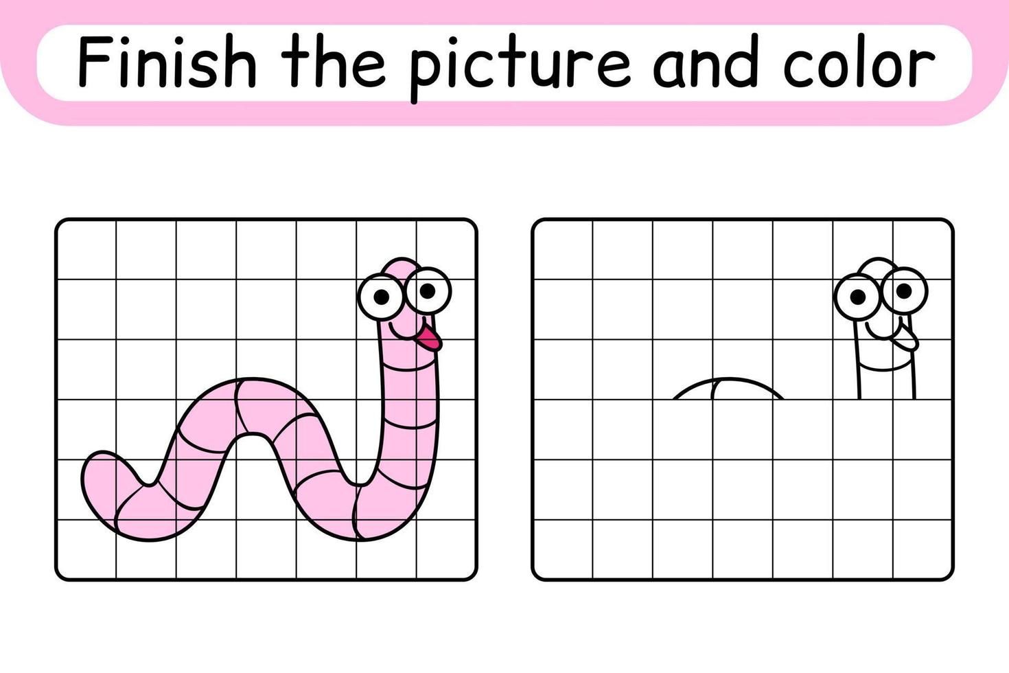 Complete the picture worm. Copy the picture and color. Finish the image. Coloring book. Educational drawing exercise game for children vector