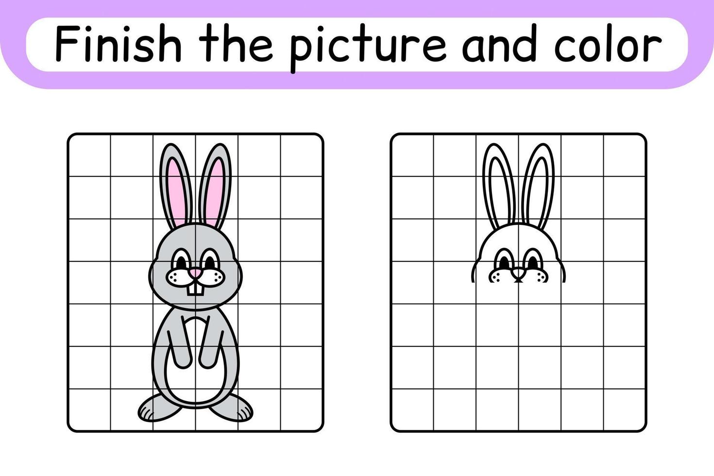 Complete the picture rabbit. Copy the picture and color. Finish the image. Coloring book. Educational drawing exercise game for children vector