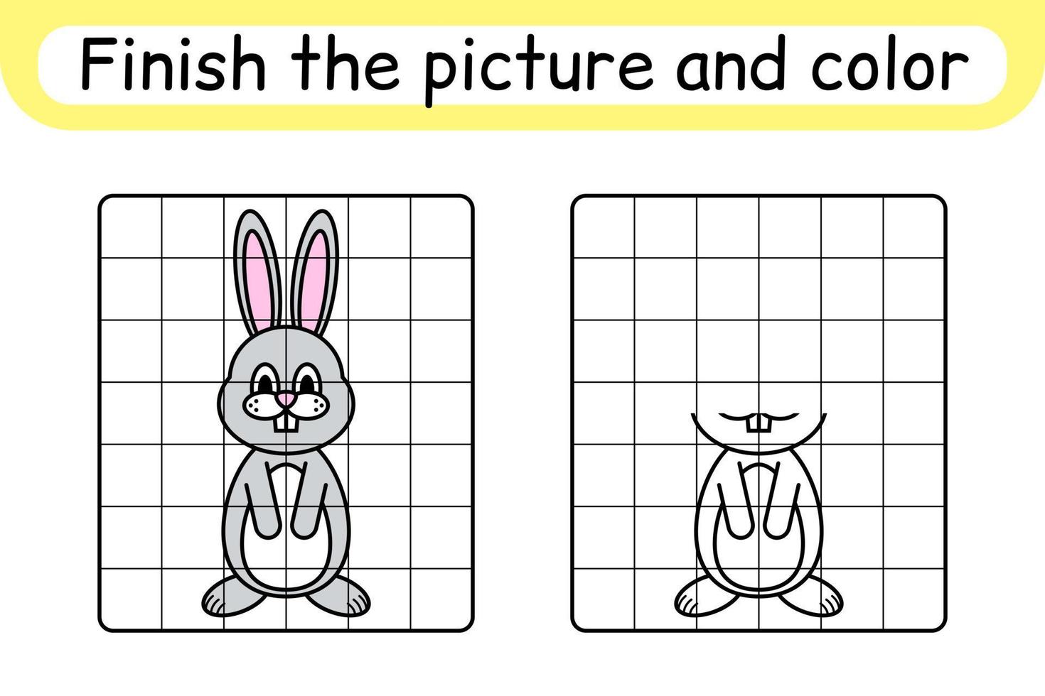 Complete the picture rabbit. Copy the picture and color. Finish the image. Coloring book. Educational drawing exercise game for children vector