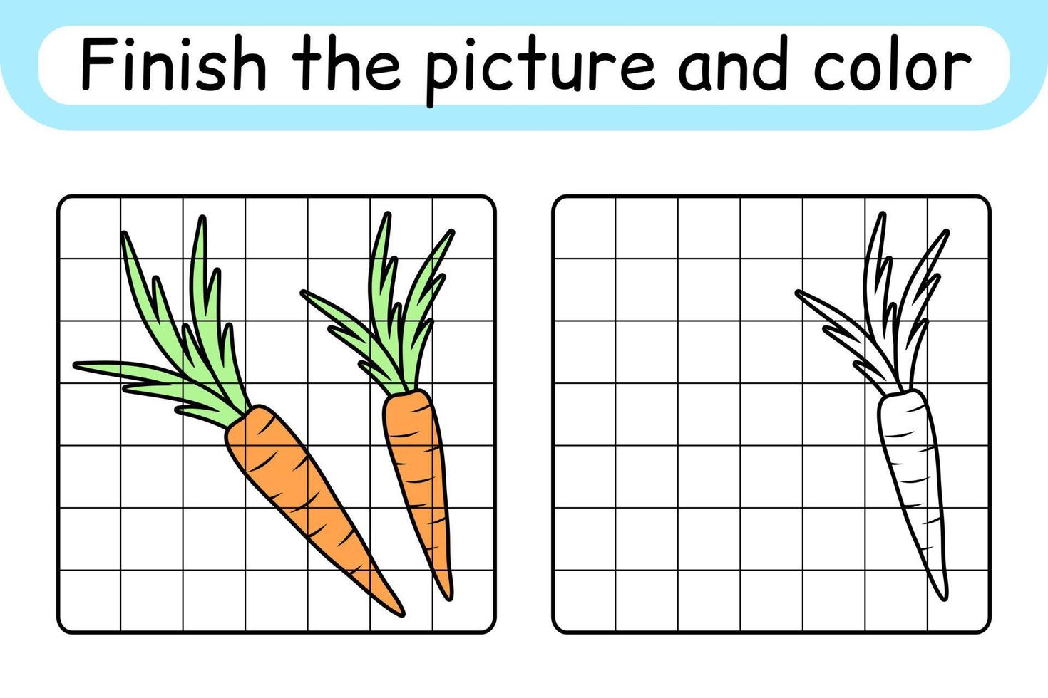 Complete the picture carrot. Copy the picture and color. Finish the image. Coloring book. Educational drawing exercise game for children vector