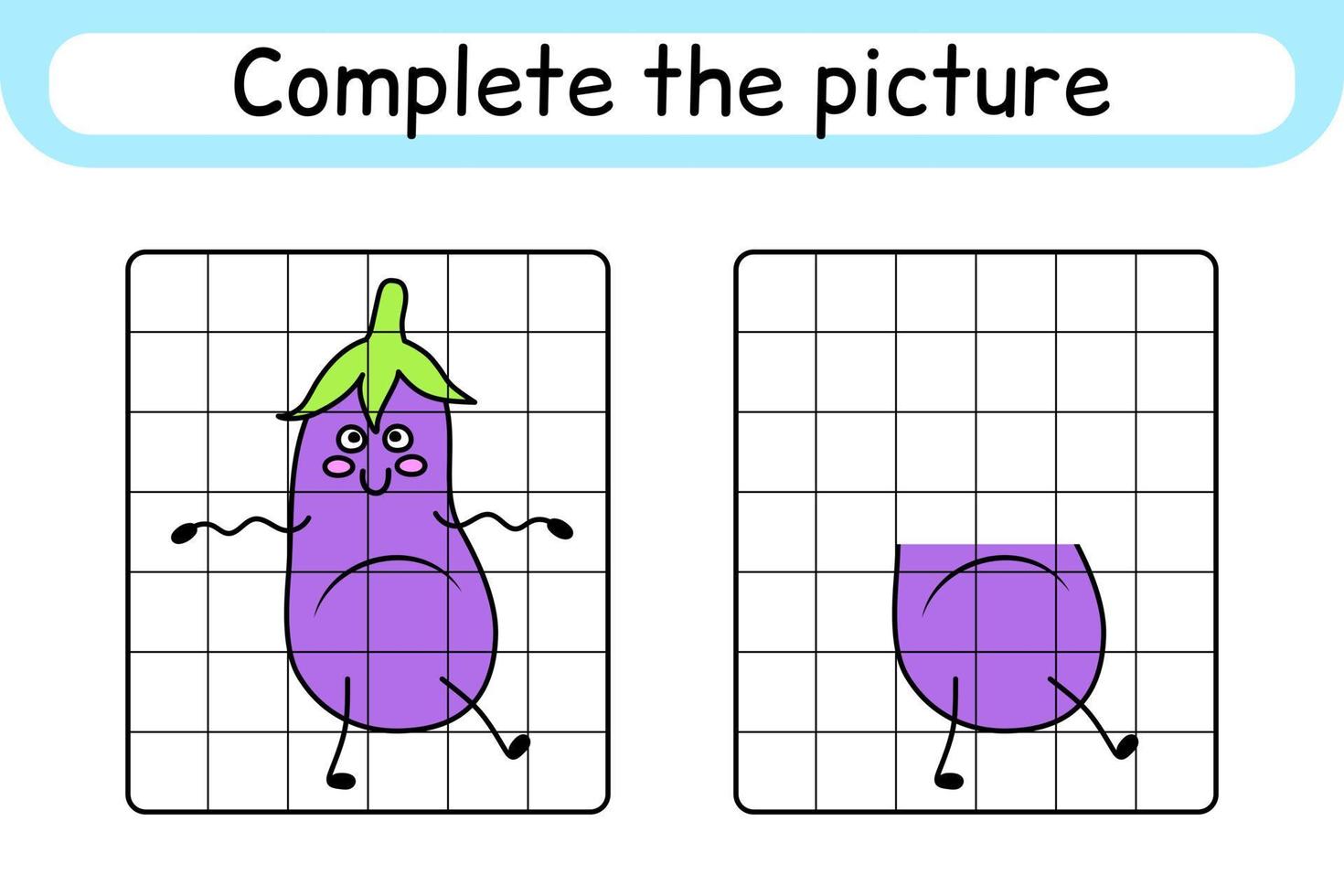 Complete the picture eggplant. Copy the picture and color. Finish the image. Coloring book. Educational drawing exercise game for children vector