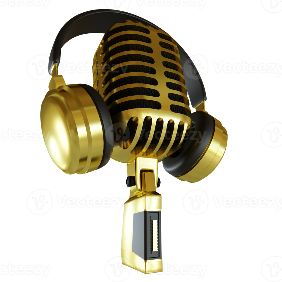 gouden microfoonuitzending of karaoke 3d render-element png