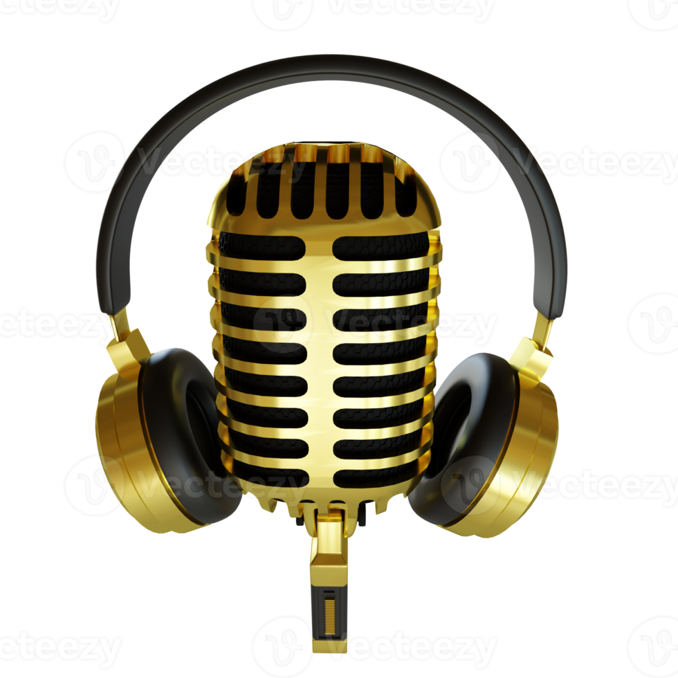 Gold Microphone Broadcast or Karaoke 3D Render Element png