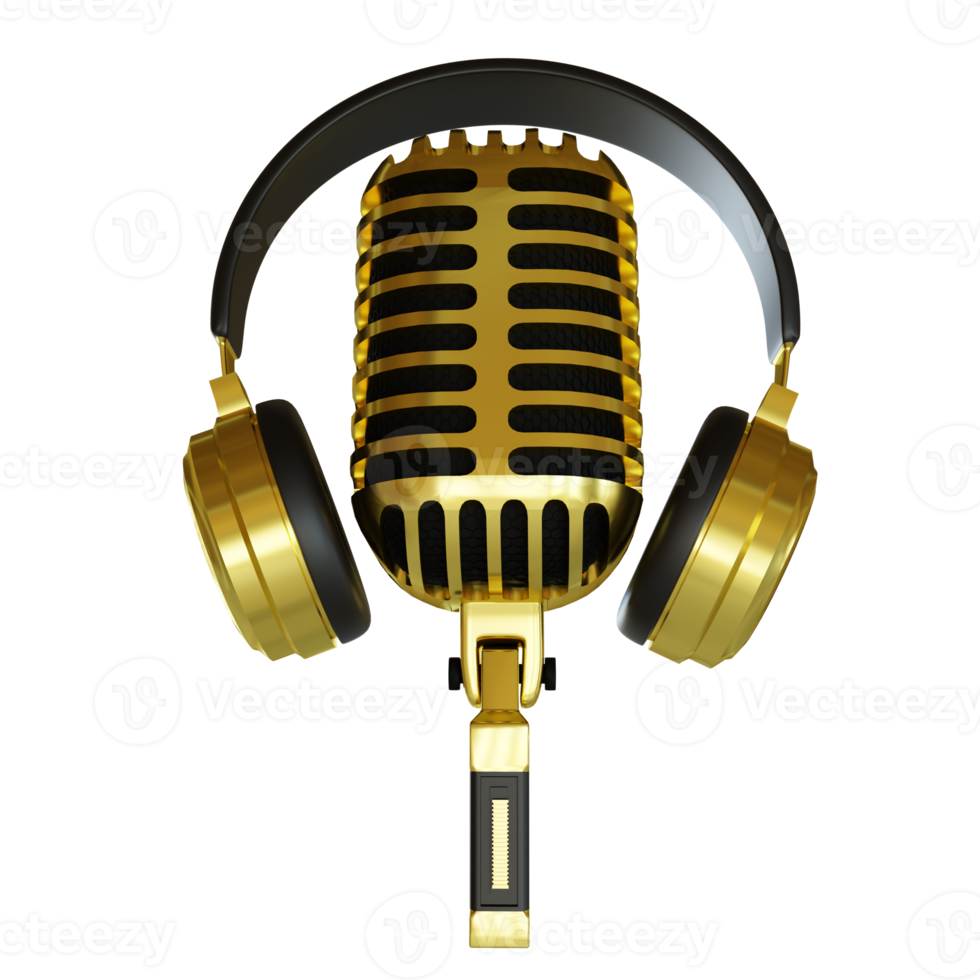 Gold Microphone Broadcast or Karaoke 3D Render Element png