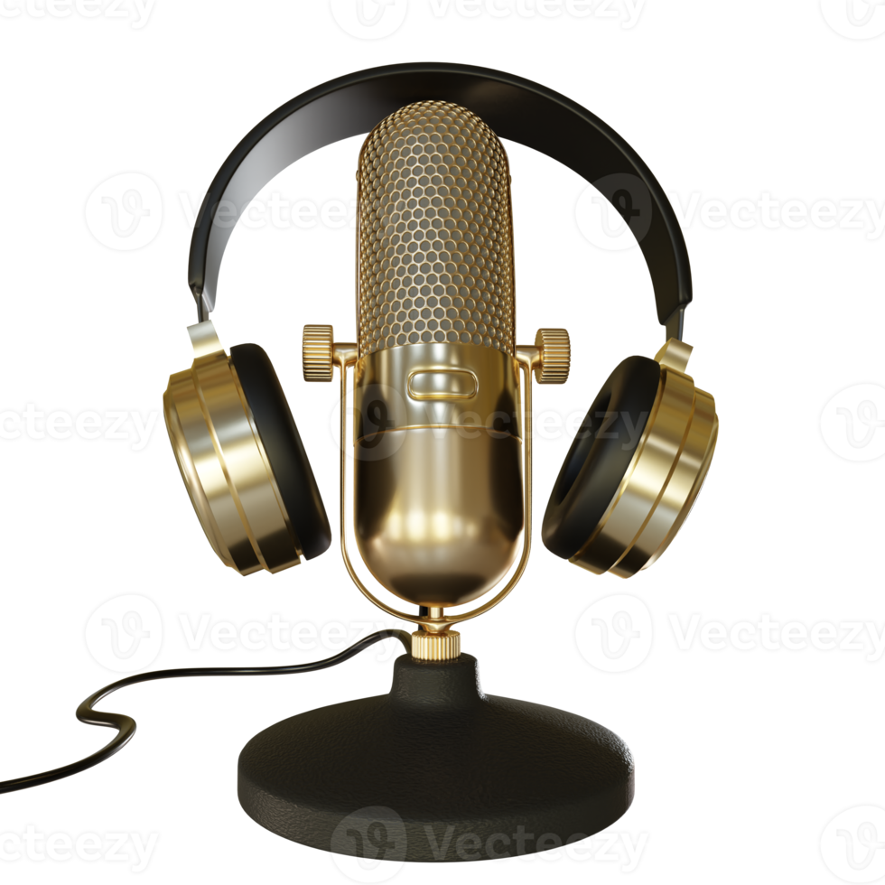 Gold Microphone Broadcast or Karaoke 3D Render Element png