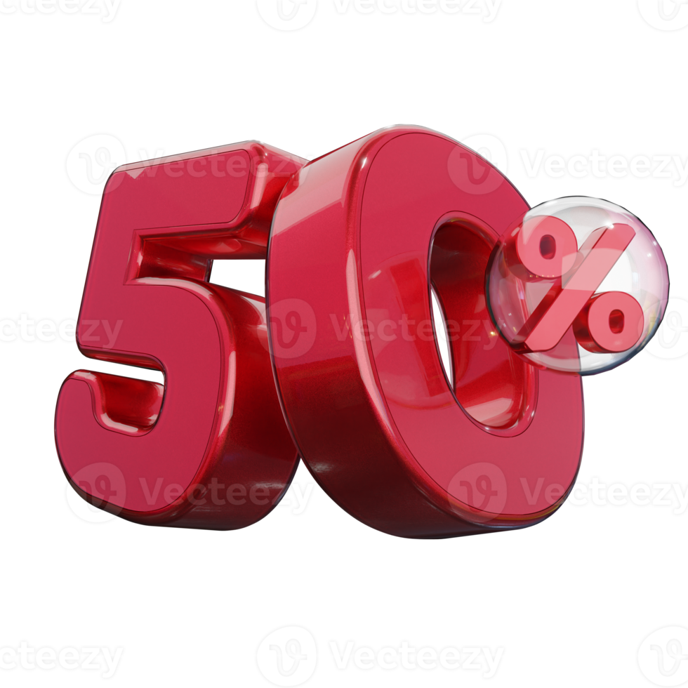 sconto 50 di sconto sull'elemento promozionale di rendering 3d di testo rosso lucido png