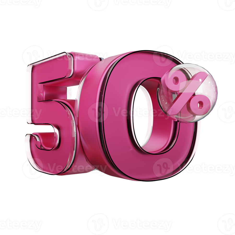 Discount 50 Off Pink Glossy Text 3D Render Promotion Element png