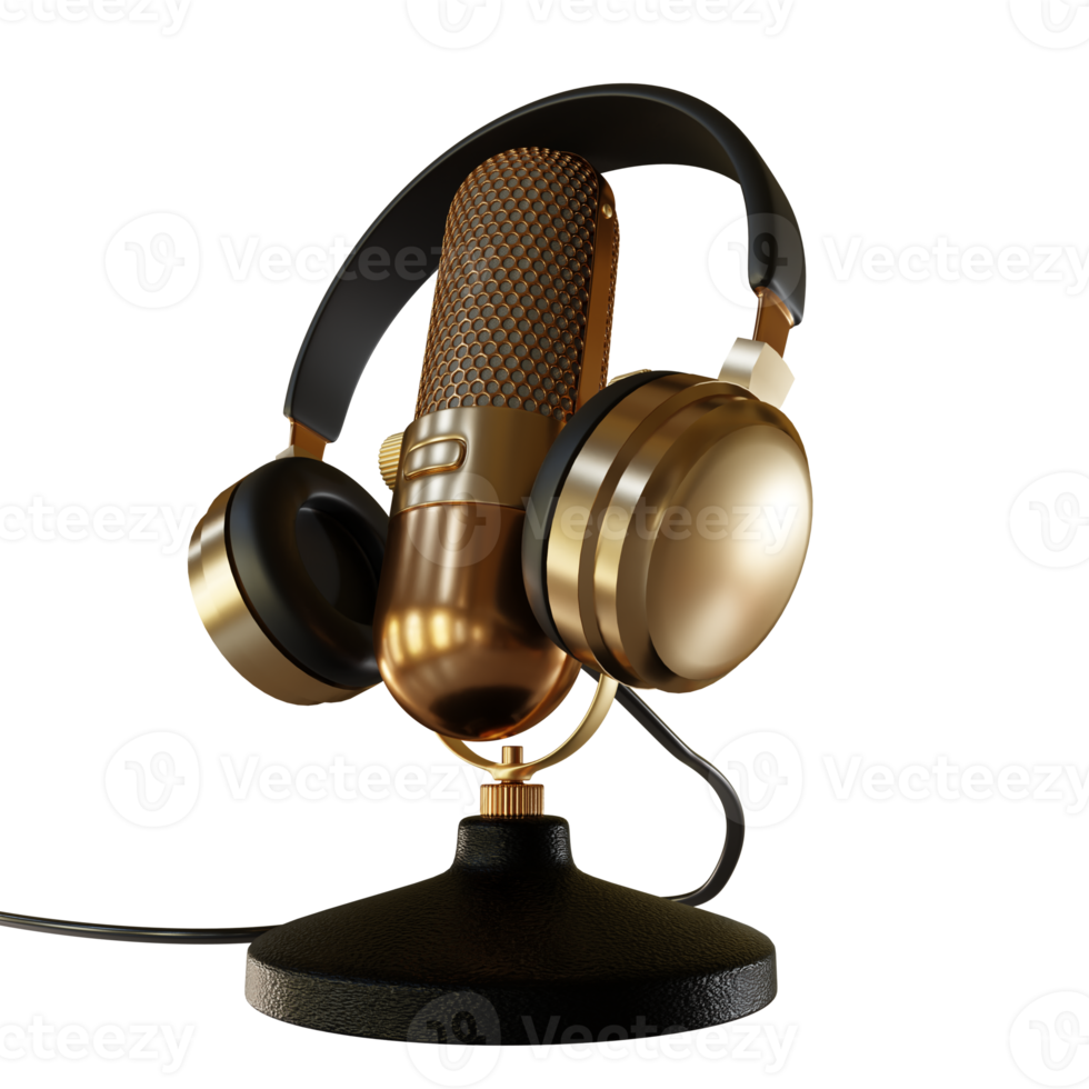 Gold Microphone Broadcast or Karaoke 3D Render Element png