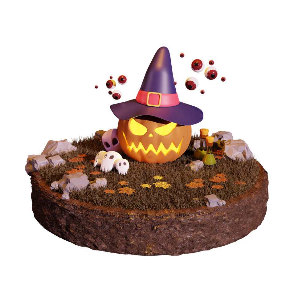 Halloween theme 3d rendering illustration with pumpkin wearing a hat png