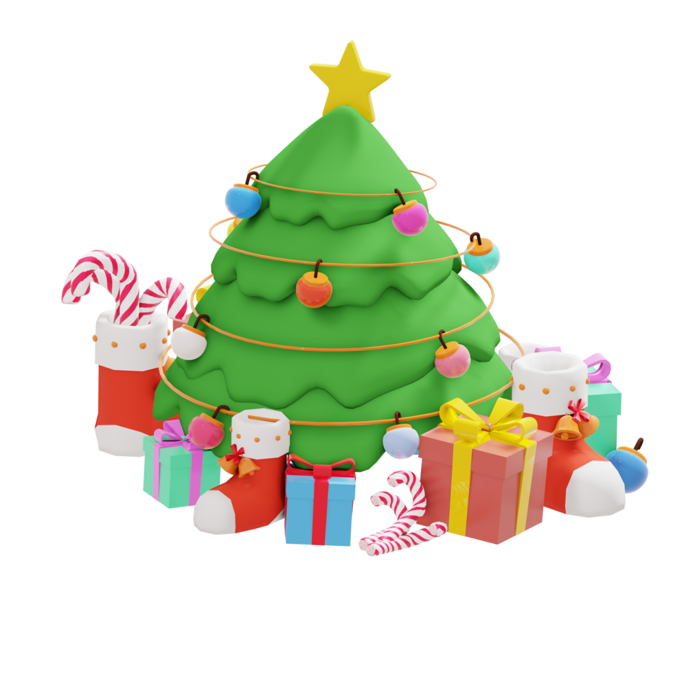 Christmas day theme 3d illustration with christmas tree and gift box png