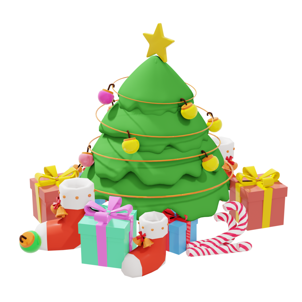 illustrazione 3d del tema del giorno di natale con albero di natale e confezione regalo png