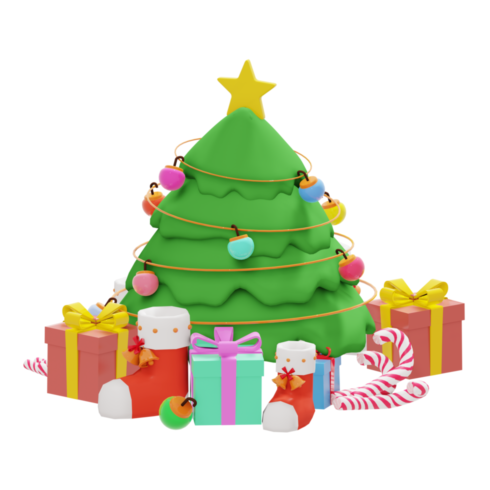 Christmas day theme 3d illustration with christmas tree and gift box png