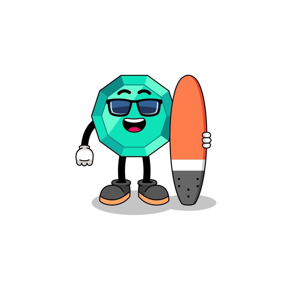 caricatura de mascota de piedra preciosa esmeralda como surfista vector