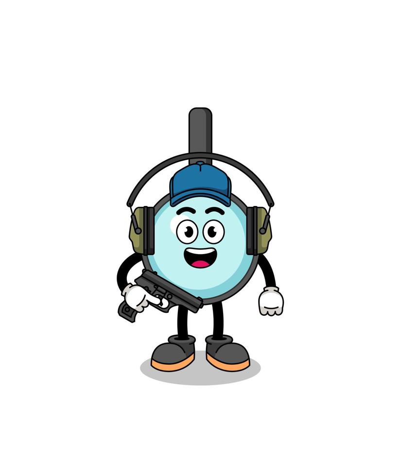 Character mascot of magnifying glass doing shooting range vector