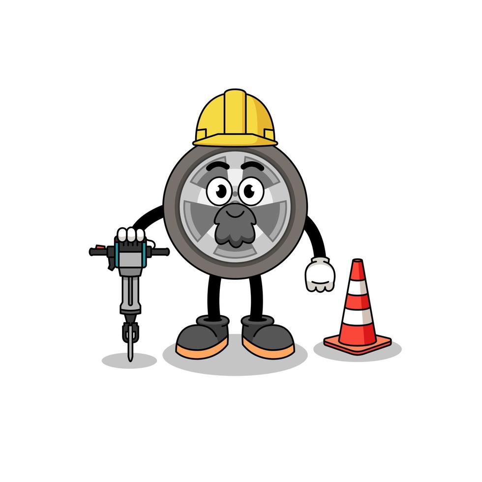 caricatura de personaje de la rueda del coche trabajando en la construcción de carreteras vector