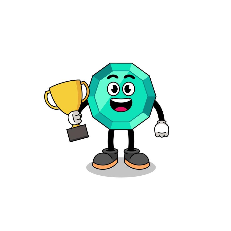 Cartoon mascot of emerald gemstone holding a trophy vector