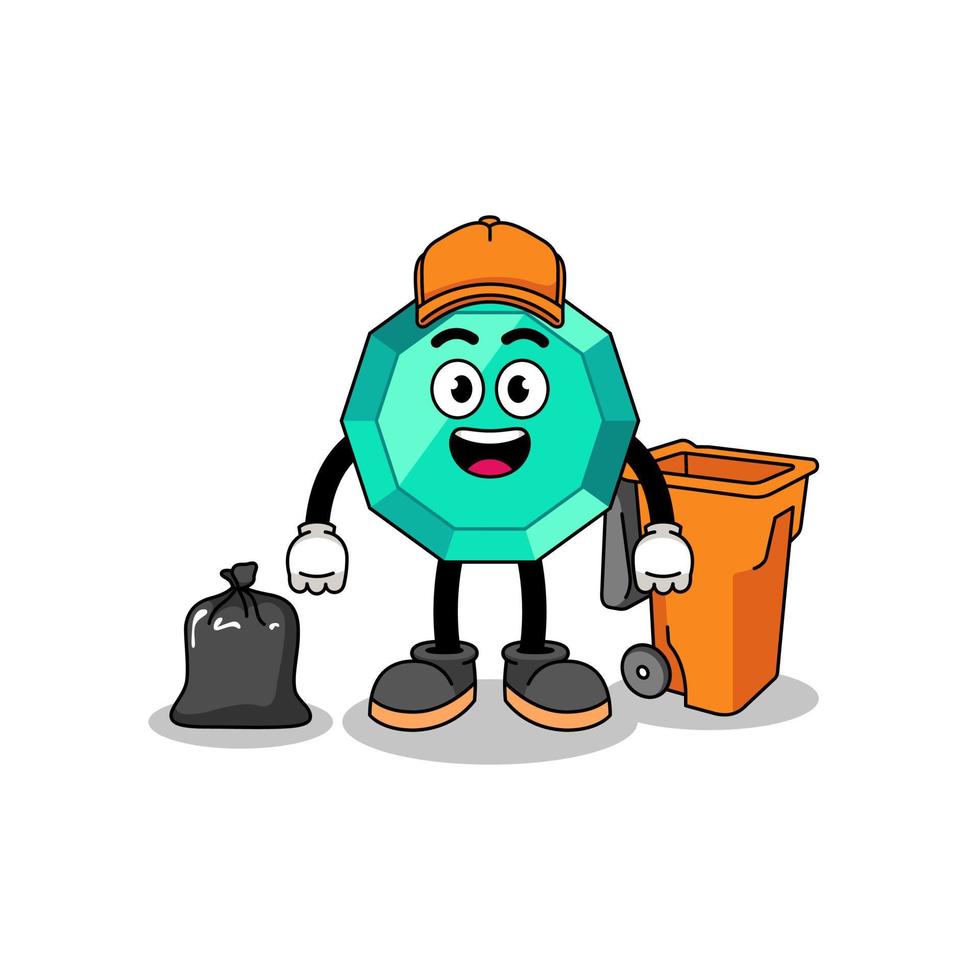 Illustration of emerald gemstone cartoon as a garbage collector vector