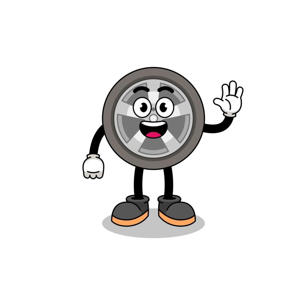 car wheel cartoon doing wave hand gesture vector