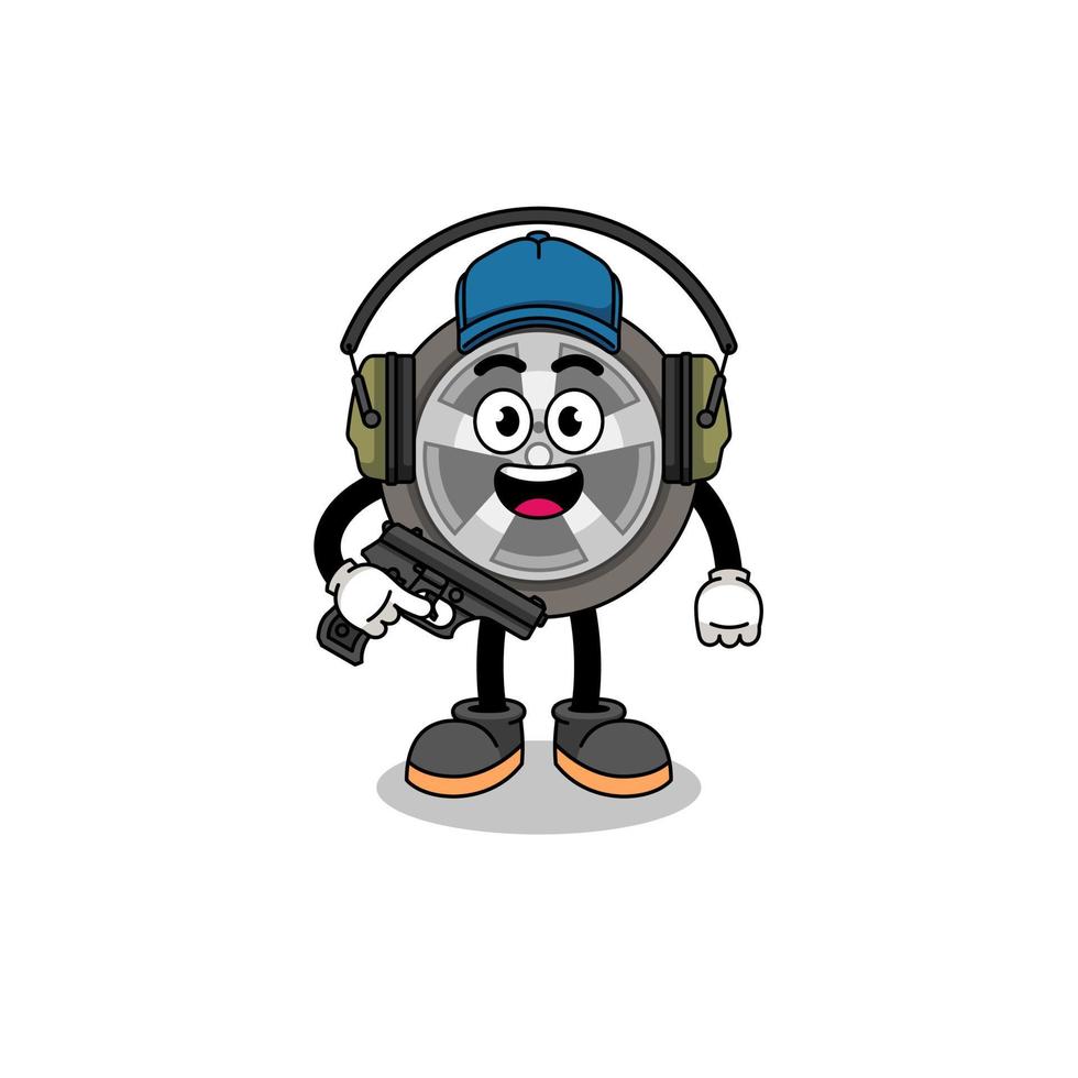 Character mascot of car wheel doing shooting range vector