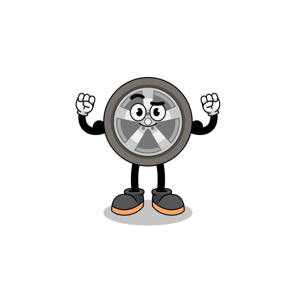 caricatura de mascota de rueda de auto posando con músculo vector